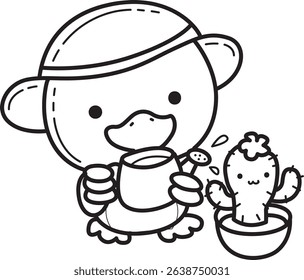 Coloring pages of Cute Duck icon. Outline of fluffy Duck designs.
outline of baby duck watering a cactus.