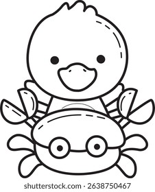 Coloring pages of Cute Duck icon. Outline of fluffy Duck designs.
outline of baby duck riding a crab
