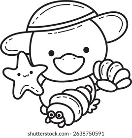 Coloring pages of Cute Duck icon. Outline of fluffy Duck designs.
outline of baby duck playing with starfish and crab
