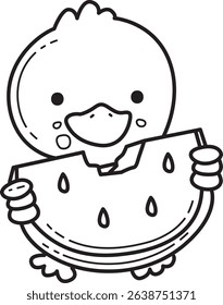 Coloring pages of Cute Duck icon. Outline of fluffy Duck designs.
outline of duck bring a watermelon
