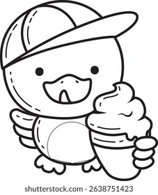 Coloring pages of Cute Duck icon. Outline of fluffy Duck designs.
outline of baby duck eating an ice cream