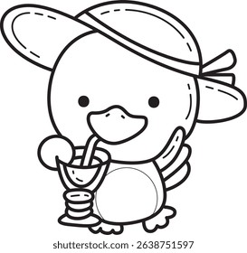 Coloring pages of Cute Duck icon. Outline of fluffy Duck designs.
outline of duck drinking an orange juice
