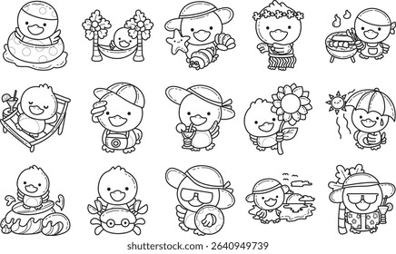 Coloring pages of Cute Duck icon. Outline of fluffy Duck designs. outline of cute duck in variation costume