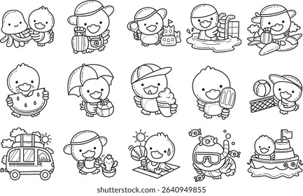 Coloring pages of Cute Duck icon. Outline of fluffy Duck designs.
lineart of baby duck in summer icons