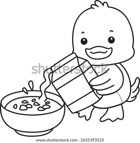Coloring pages of Cute Duck icon. Outline of Funny baby Duck animal series stock illustration. life of fluffy Duck designs.
outline of duck pouring a milk into cereal bowl
