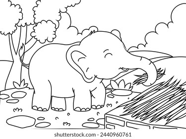 Coloring Pages Cute Elephant with a backdrop of grasslands, mountains and trees. Printable Coloring book Outline black and white.