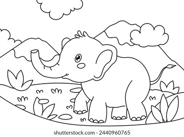 Coloring Pages Cute Elephant with a backdrop of grasslands, mountains and trees. Printable Coloring book Outline black and white.