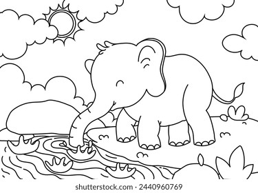 Lindo elefante con un fondo de pastizales, montañas y árboles. Libro de colorear para imprimir Contorno en blanco y negro.