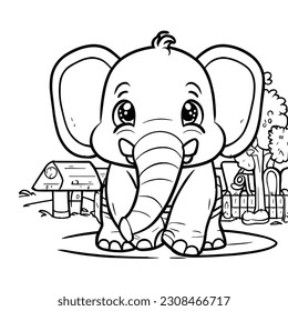 Coloring pages. cute elephant in jungle.