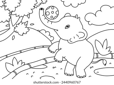 Coloring Pages Cute Elephant playing ball, with a backdrop of grasslands, mountains and trees.