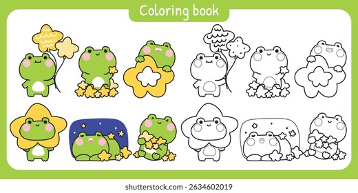 Coloring pages.Set of cute frog in various poses and feeling.Star and night sky.Reptile animal character cartoon design.Painting book.Kawaii.Vector.Illustration