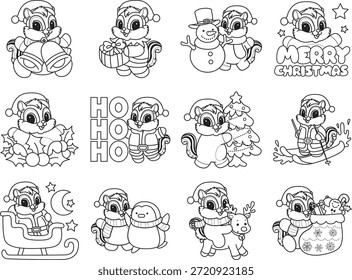 Coloring pages of Cute funny Chipmunk sticker icon with christmas theme. Outline of Chipmunk in the variation of Christmas theme