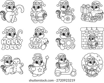 Dibujos para colorear de lindo icono divertido de la calcomanía de la ardilla con tema de Navidad. Esquema de la ardilla en la variación de la decoración de Navidades 