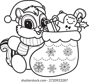 Coloring pages of Cute funny Chipmunk sticker icon with christmas theme. Outline of Chipmunk bring a red socks