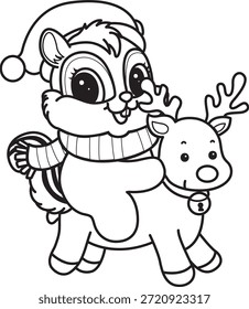 Coloring pages of Cute funny Chipmunk sticker icon with christmas theme. Outline of Chipmunk riding a reindeer