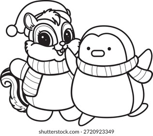 Dibujos para colorear de lindo icono divertido de la calcomanía de la ardilla con tema de Navidad. Esquema de la ardilla con el pingüino
