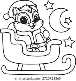 Colorir páginas de bonito engraçado ícone adesivo Chipmunk com tema de Natal. Contorno de Chipmunk andando em um trem 