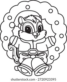Coloring pages of Cute funny Chipmunk sticker icon with christmas theme. Outline of Chipmunk in the door decoration