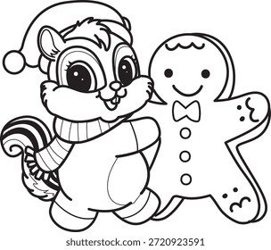 Malvorlagen von Niedlich lustig Chipmunk Aufkleber Symbol mit Weihnachtsthema. Umriss von Chipmunk mit Ingwerbrot 