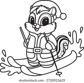Dibujos para colorear de lindo icono divertido de la calcomanía de la ardilla con tema de Navidad. Esquema de la ardilla jugando patinaje sobre hielo