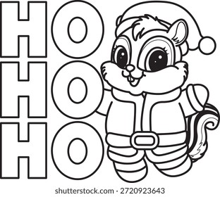 Dibujos para colorear de lindo icono divertido de la calcomanía de la ardilla con tema de Navidad. Esquema de la ardilla con el texto ho ho ho