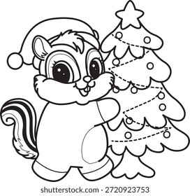 Dibujos para colorear de lindo icono divertido de la calcomanía de la ardilla con tema de Navidad. Esquema de la ardilla con el árbol de Navidad