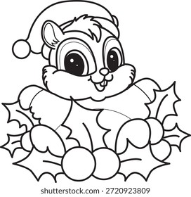 Dibujos para colorear de lindo icono divertido de la calcomanía de la ardilla con tema de Navidad. Esquema de la ardilla en el medio de las plantas de cereza.