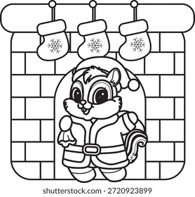 Malvorlagen von Niedlich lustig Chipmunk Aufkleber Symbol mit Weihnachtsthema. Umriss von Chipmunk am Kamin 