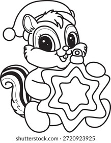 Malvorlagen von Niedlich lustig Chipmunk Aufkleber Symbol mit Weihnachtsthema. Umriss von Chipmunk mit gelben Sternen