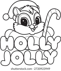 Dibujos para colorear de lindo icono divertido de la calcomanía de la ardilla con tema de Navidad. Esquema de la ardilla con el texto de Holly Jolly