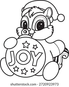 Dibujos para colorear de lindo icono divertido de la calcomanía de la ardilla con tema de Navidad. Esquema de la ardilla con decoración de alegría