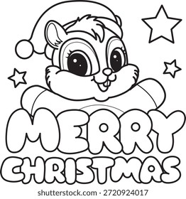 Dibujos para colorear de lindo icono divertido de la calcomanía de la ardilla con tema de Navidad. Esquema de la ardilla con el texto de Navidades felices