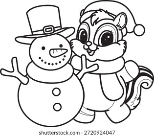 Coloring pages of Cute funny Chipmunk sticker icon with christmas theme. Outline of Chipmunk with snowman