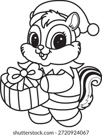 Dibujos para colorear de lindo icono divertido de la calcomanía de la ardilla con tema de Navidad. Esquema de ardilla con traje de enano y traer una caja de regalo.