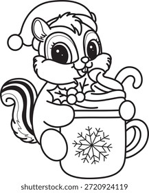 Malvorlagen von Niedlich lustig Chipmunk Aufkleber Symbol mit Weihnachtsthema. Umriss von Chipmunk mit heißer Schokolade