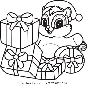 Dibujos para colorear de lindo icono divertido de la calcomanía de la ardilla con tema de Navidad. Esquema de la ardilla en el medio de una gran cantidad de caja de regalo