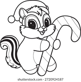 Dibujos para colorear de lindo icono divertido de la calcomanía de la ardilla con tema de Navidad. Esquema de ardilla con bastón de caramelo