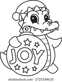 Colorir páginas de ícone de etiqueta de crocodilo engraçado bonito com tema de Natal. Contorno de crocodilo com bola de neve Joy