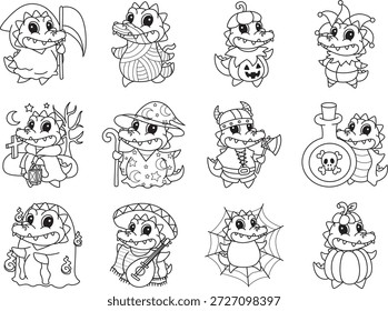 Malvorlagen von Niedlich lustig Krokodil Aufkleber Symbol mit Halloween-Thema. Umriss des Krokodils in der Variation des glücklichen Halloween