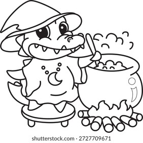 Colorir páginas de ícone de etiqueta de crocodilo engraçado bonito com tema de halloween. Contorno de crocodilo cozinhando uma poção verde com traje de bruxa 