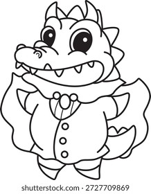 Dibujos para colorear de lindo divertido cocodrilo icono de pegatina con tema de halloween. Esquema de cocodrilo con un traje de vampiro