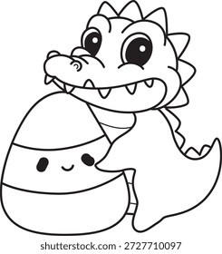 Colorir páginas de ícone de etiqueta de crocodilo engraçado bonito com tema de halloween. Contorno de crocodilo trazer um doce amarelo