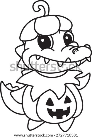 Coloring pages of Cute funny crocodile sticker icon with halloween theme. Outline of crocodile wearing a pumpkin costume in halloween