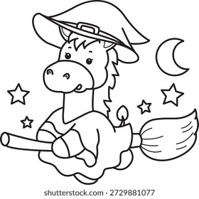 Dibujos para colorear de lindo divertido icono de la etiqueta engomada del burro con tema de halloween. Esquema de burro volando con palo de escoba