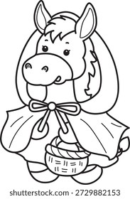 Coloring pages of Cute funny Donkey sticker icon with halloween theme. Outline of Donkey wearing a red riding hood costume