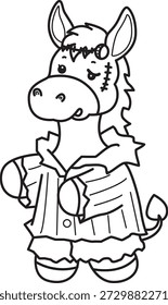 Dibujos para colorear de lindo divertido icono de la etiqueta engomada del burro con tema de halloween. Esquema de burro con un disfraz de frankenstein