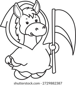 Dibujos para colorear de lindo divertido icono de la etiqueta engomada del burro con tema de halloween. Esquema de burro con un traje de ángel de la muerte