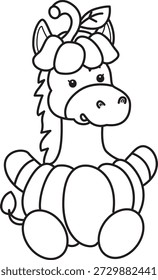 Dibujos para colorear de lindo divertido icono de la etiqueta engomada del burro con tema de halloween. Esquema de burro con un traje de calabaza 