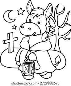 Coloring pages of Cute funny Donkey sticker icon with halloween theme. Outline of Donkey bring a lantern in the grave
