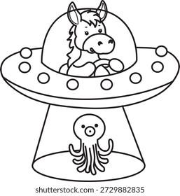 Dibujos para colorear de lindo divertido icono de la etiqueta engomada del burro con tema de halloween. Esquema de burro montado en una nave espacial